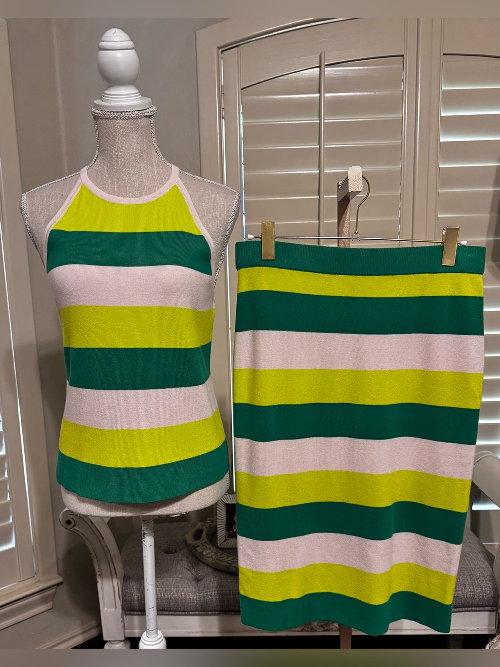 New York & Company Yellow and Green Striped Skirt and Tank Knit Set